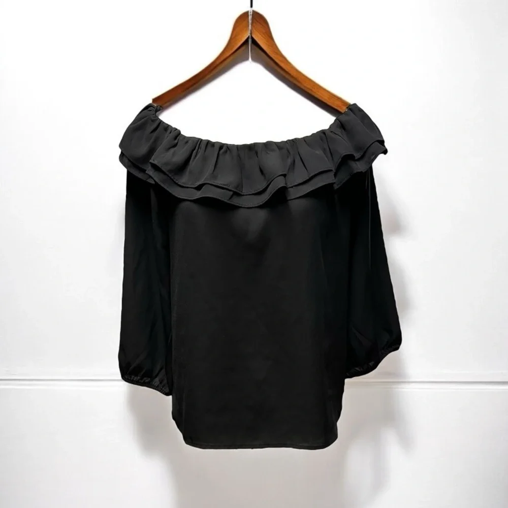 🌻J.Crew Mercantile Black Versatile Ruffle Blouse Womens Size Small